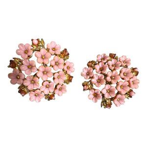 Vintage Coro Pink Floral Clip-On Earrings Gold-Tone Enamel Statement Signed